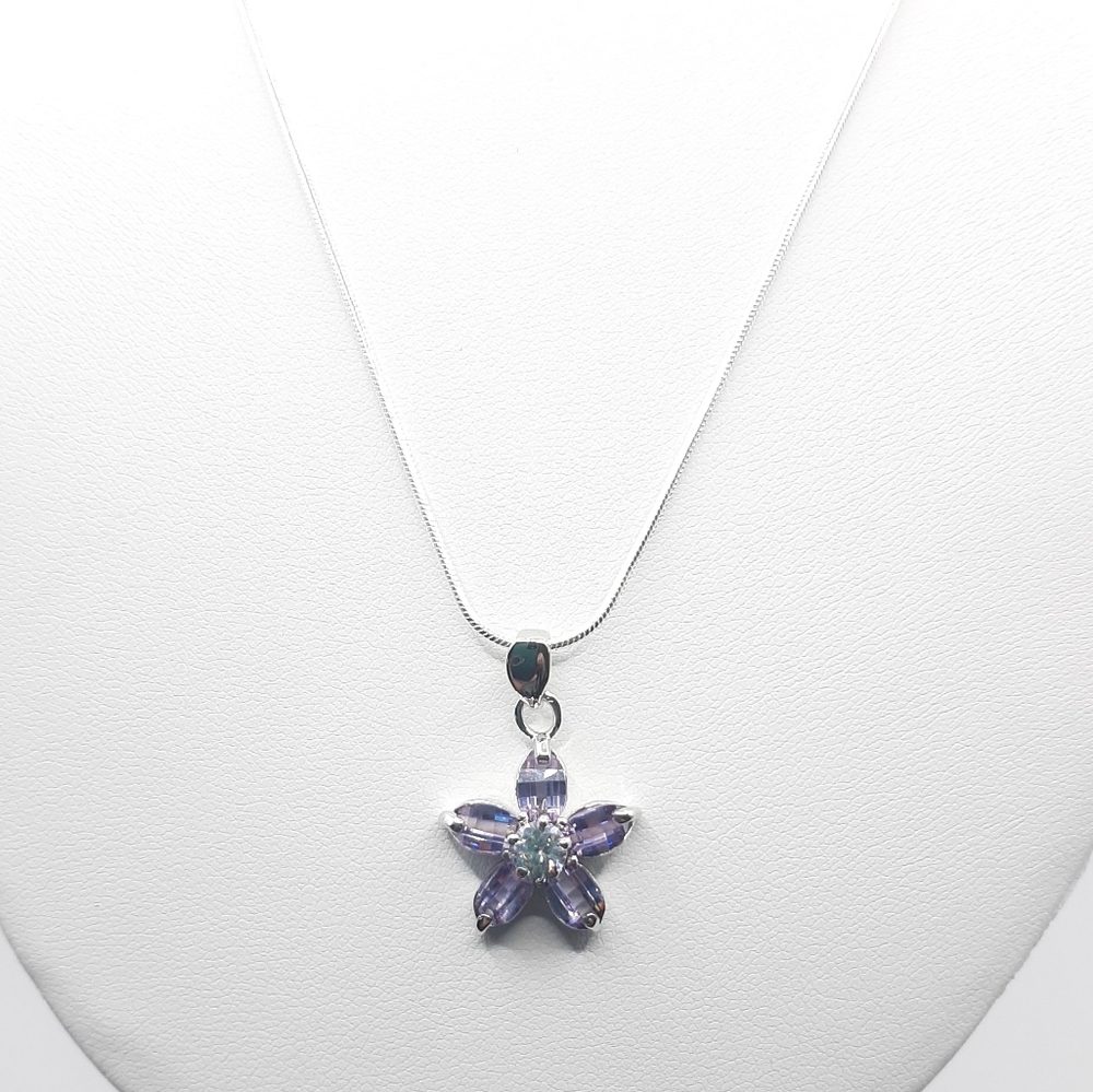 Amethyst Purple CZ Flower Pendant Necklace - Picture 2 of 6
